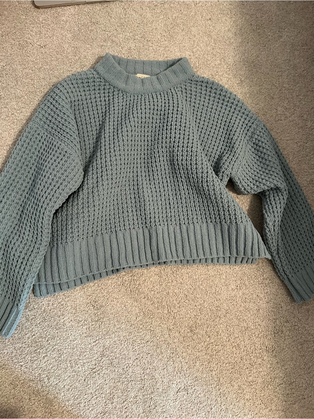 Cropped Textured Knit Sweater - Dusty Blue